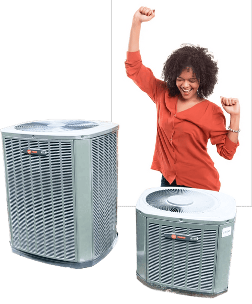 Homeowner next to two outdoor AC condenser units