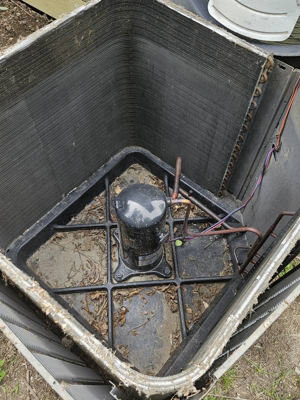 Before: inside the condenser, leaves and dirt piled in the base pan around the compressor