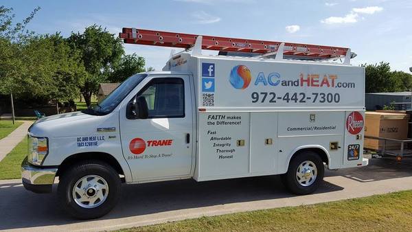 AC and Heat service truck with ladder rack and the (972) 442-7300 phone number